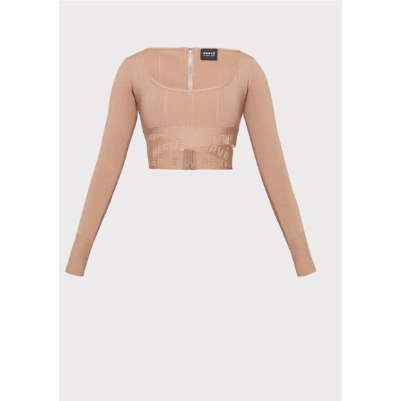 Herve Leger Long Sleeve Scoop Neck Crop Top Sun Beige NWT Small - Picture 2 of 12